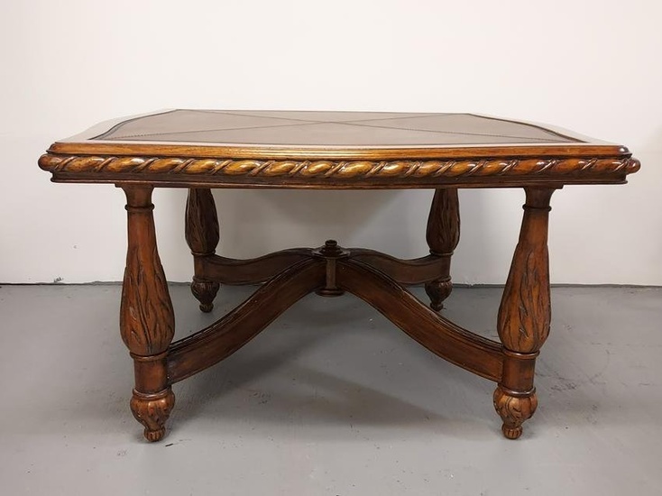 CARVED HARDWOOD LEATHER TOP GAME TABLE