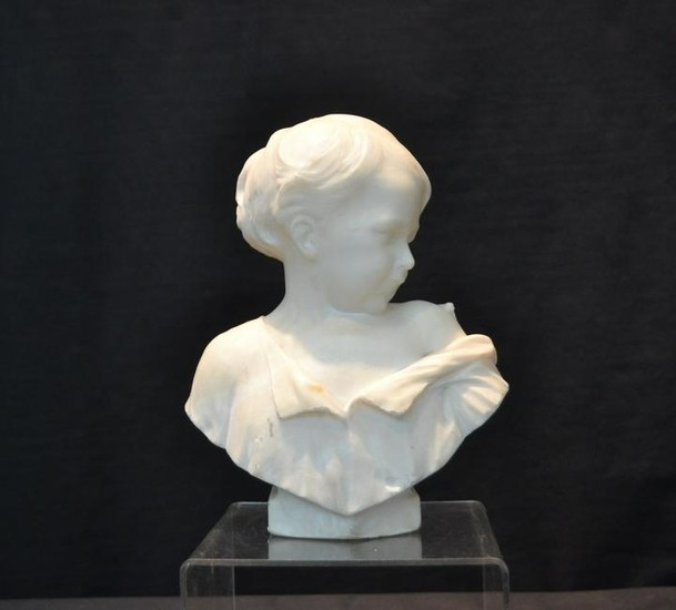 CARVED MARBLE BUST OF YOUNG GIRL SIGNED
