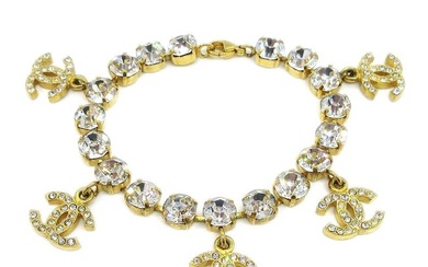 CHANEL CC Logos Charm Rhinestone Gold Chain Bracelet 95A