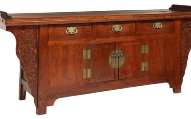 CHINESE CARVED ELM ALTAR-FORM CONSOLE CABINET