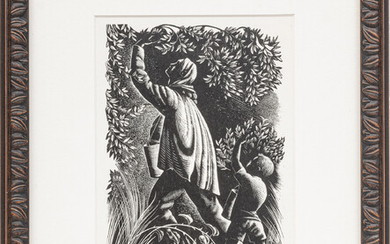 CLAIR LEIGHTON (BRITISH/AMER, 1898-1989) WOOD ENGRAVING ON PAPER, H 6.75", W 4.75", "THE BLUEBERRY PICKERS"