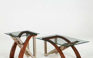 COFFEE TABLE. 2 pieces, contemporary, steel and wood chassis, glass top.