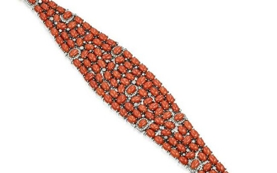 Cabochon Coral and Diamond Cluster Bracelet