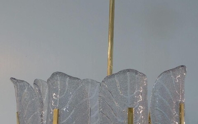 Carl Fagerlund (1915-2011) for Orrefors, an eight light chandelier, circa 1960, the brass frame with six acanthus form glass diffusers, 72cm high Please Note - Two diffusers are damaged and unusable It is the buyer's responsibility to ensure that...