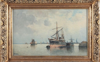 Carl SCHLÖSSER (1832-1914) : «Vue d'un port sur l'Escaut». Sur sa toile d'origine Signé et...