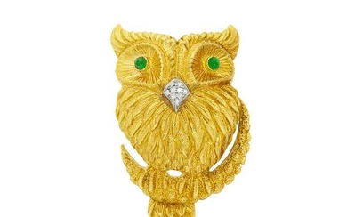 Cartier Two-Color Gold, Cabochon Emerald and Diamond Owl Brooch