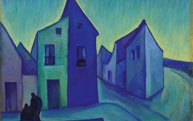 Case azzurre (Gruppo di case all'alba), 1923, Roberto Marcello (Iras) Baldessari (Innsbruck 1894 - Roma 1965)
