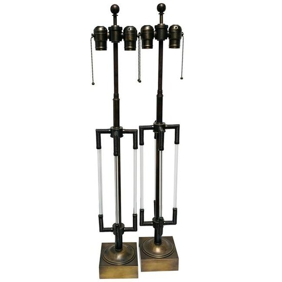 Cast Bronze Art Deco Lamps with Sculpted Glass Rods