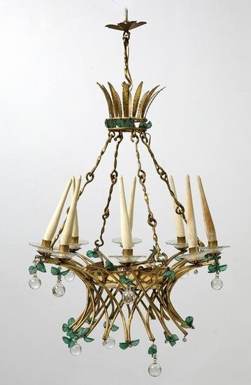 Ceiling lamp in gilded metal and glass beads, Spain