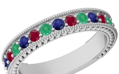 Certified 0.98 Ctw Multi Emerald,Ruby,Sapphire 14K White Gold Filigree Style Band Ring