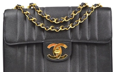 Chanel Black Caviar Jumbo Vertical Stitch Classic Flap Bag