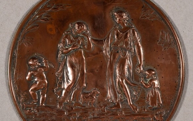 Charitas and Love. 19th c Bronze medallion, ø 16 cm, unsigned. The allegorical figures of...