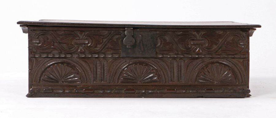 Charles I oak boarded box, circa 1640, the rectangular one piece hinged lid opening on side pin