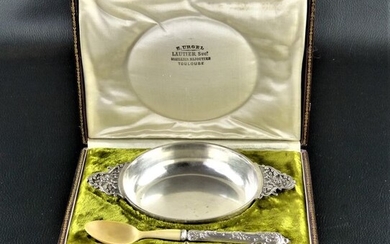 Children's place setting, two-piece with box (1) - .950 silver, plastic - France - Late 19th century