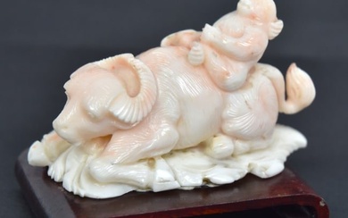 Chinese Carved Coral Water Buffalo & Monkey