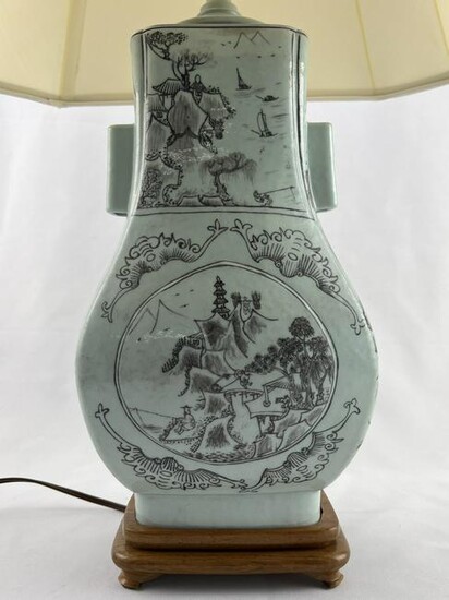 Chinese Celadon Landscape Vase Lamp