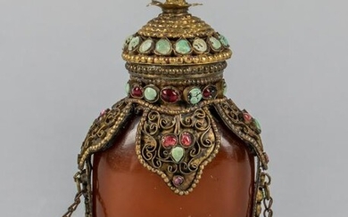 Chinese Emperor Type Amber Like & Brass Snuff Bottle