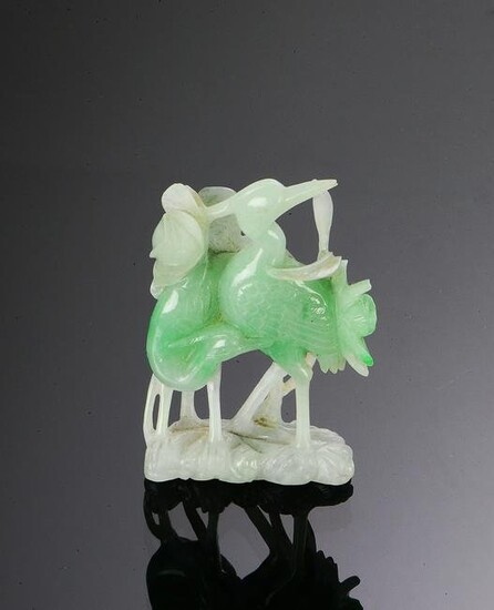 Chinese Jadeite Lotuses and Cranes Carving, 19th
