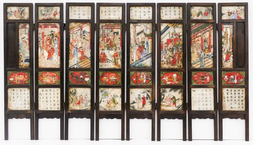 Chinese Qing Marble Decorated Rosewood 8-Panel Screen