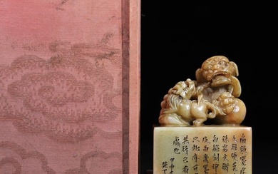 Chinese Shoushan Stone Lion & Ball Seal w Box