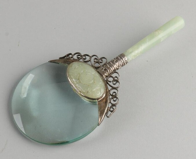 Chinese magnifying glass with white metal and jade.