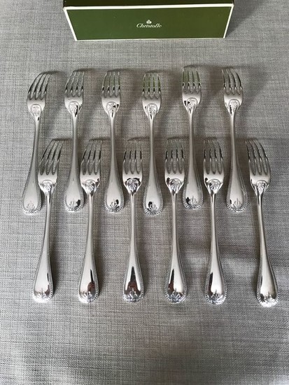 Christofle modèle Malmaison- Forks for dinner (12) - Silver plated