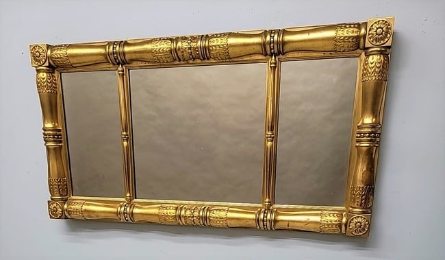 Circa 1830's Antique Sheraton to Empire Original Gold Leaf Mirror with Half-pilasters and corner