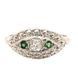 Circa 1940s 14K White Gold Diamond and Green Glass Navette Ring