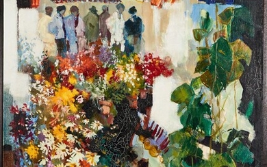 Claude FAUCHERE (née en 1936) "Marché aux fleurs" Huile sur toile signée en bas à...