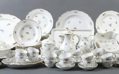 Coffee and dinner service ''Streublümchen'' for at least 16 persons Meissen, 1860 - after 1934, porcelain, polychrome onglaze painting in the shape of individually scattered summer flowers, gold staffage on handles, rims and spout, the knobs partly in...