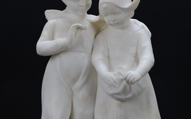 Couple néerlandais 'Fille et garçon' en albâtre - Hauteur 50 cm.