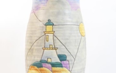 Crown Devon Fieldings yacht and lighthouse patterned vase, ovoid...