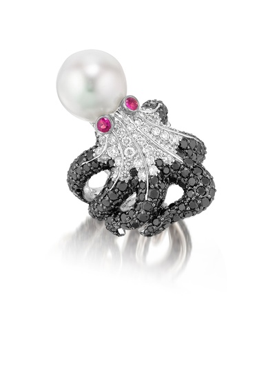Cultured Pearl, Black Diamond, Pink Sapphire and Diamond Ring