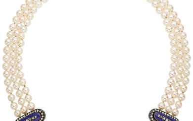 Cultured Pearl, Diamond, Enamel, Silver-Topped Gold Necklace Stones: Mine-cut...