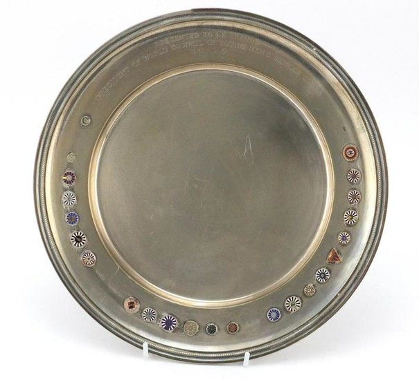 Danish silver and enamel presentation salver, Presented