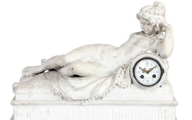 D'après CLODION (1738-1814) Bacchante allongée sur une peau de lion Pendule en terre cuite patinée...