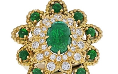 David Webb 18K Yellow Gold Cabochon Emerald Diamond Flower Ring