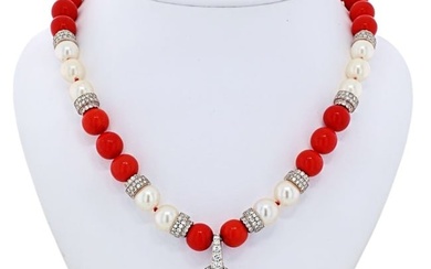 David Webb Platinum & 18K White Gold Coral Diamond and Pearl Bead Necklace