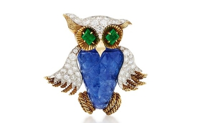 David Webb | Sapphire, Emerald and Diamond Owl Brooch | David Webb | 藍寶石，祖母綠 配 鑽石 貓頭鷹 胸針