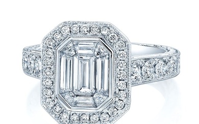 Diamond Composite Emerald Cut Center Ring In 18k White Gold