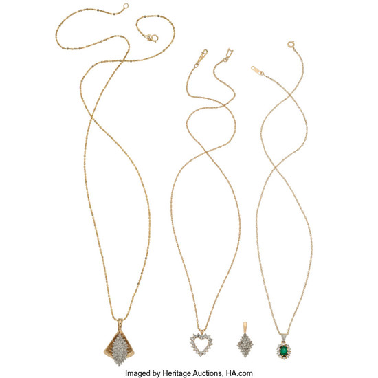 Diamond, Emerald, Gold Pendant-Necklaces The lot includes a pendant...