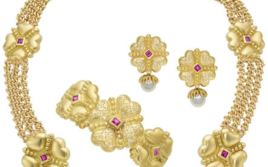 Diamond, Ruby, Cultured Pearl, Gold Jewelry Suite, Rosen The...