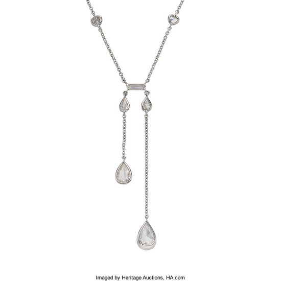 Diamond, White Gold Necklace The necklace features pear,...