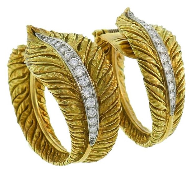 Diamond Yellow Gold Hoop Earrings 1980s