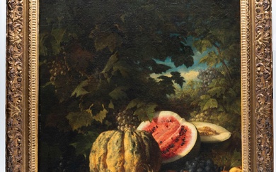 Dominique Alphonse NEGRE (né en 1810) Nature morte à la pastèque, melon d'eau, grappes de...
