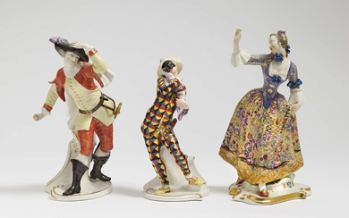 Drei Figuren aus der Commedia dell Arte "Leda", "Capitano Spavento" und "Mezzetino"
