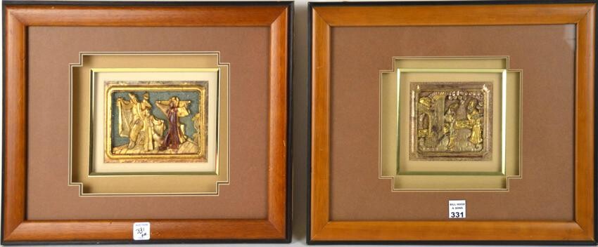 EARLY CHINESE GILT CARVINGS MOUNTED IN FRAMES ONE WITH