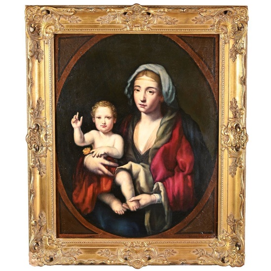 ÉCOLE ITALIENNE fin XVIIIè. « Vierge à l’enfant ». Huile sur toile. (Quelques restaurations dans...