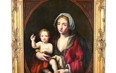 ÉCOLE ITALIENNE fin XVIIIè. « Vierge à l’enfant ». Huile sur toile. (Quelques restaurations dans...