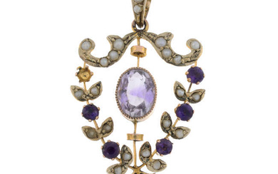 Early 20th century 9ct amethyst & seed pearl pendant